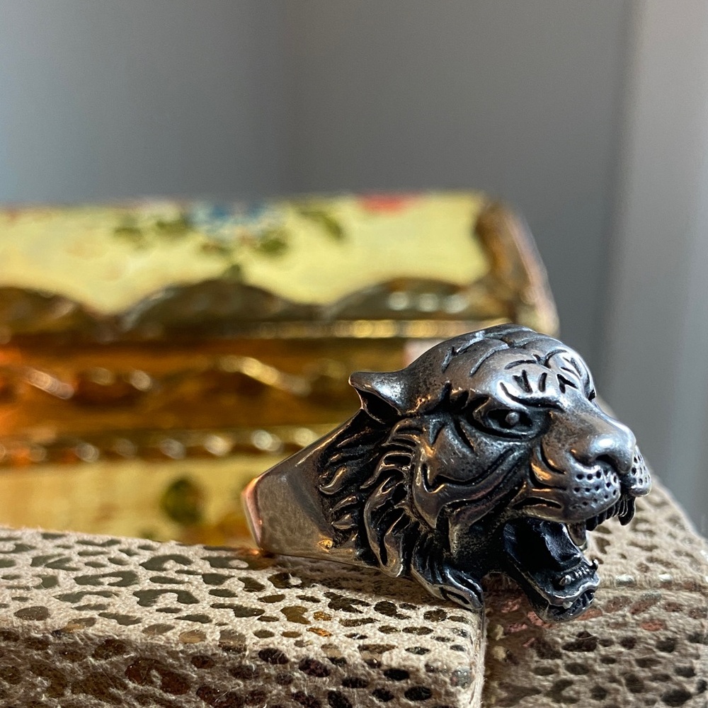 Gothic Silver Tiger Head Ring Size 12 - Picture 2 of 7